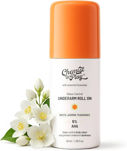 Chemist at Play UnderArm Roll-On with 5% AHA|Lactic & Mandelic Acid|Prevents Odour, Brightens Skin & Exfoliates Underarm|For Sensitive Skin|White Jasmine Fragrance