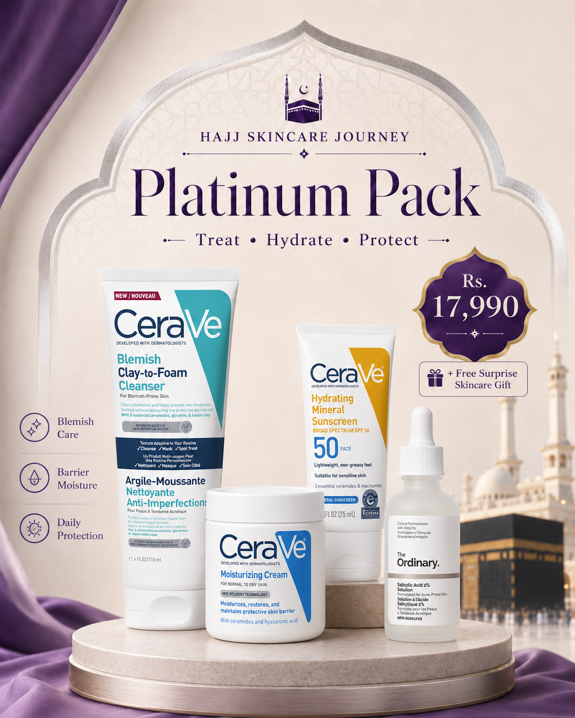 Hajj Platinum Acne Care Skincare Pack with CeraVe Blemish Cleanser Moisturizing Cream Mineral Sunscreen and The Ordinary Salicylic Acid