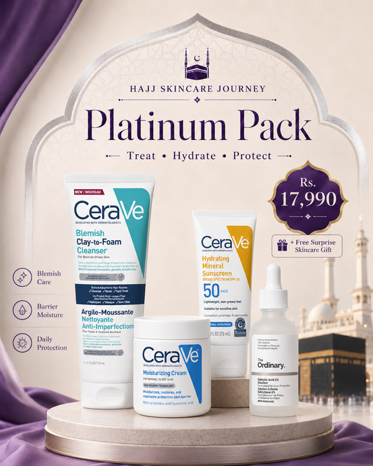 Hajj Platinum Acne Care Skincare Pack with CeraVe Blemish Cleanser Moisturizing Cream Mineral Sunscreen and The Ordinary Salicylic Acid