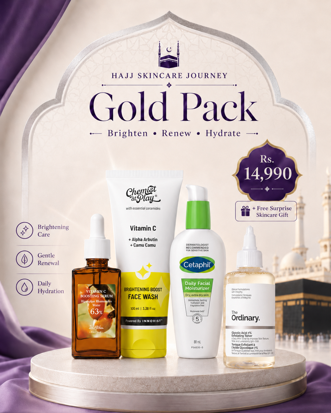 Hajj Gold Glow Skincare Pack with Chemist at Play face wash Dr Althea Vitamin C Cetaphil moisturizer and The Ordinary Glycolic Acid