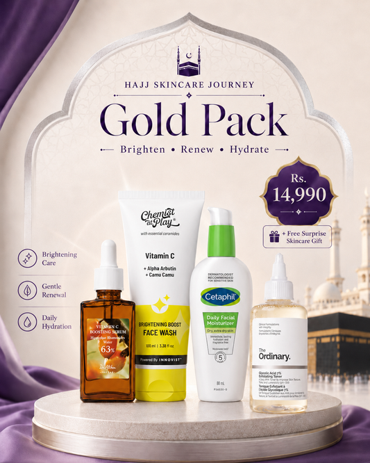 Hajj Gold Glow Skincare Pack with Chemist at Play face wash Dr Althea Vitamin C Cetaphil moisturizer and The Ordinary Glycolic Acid