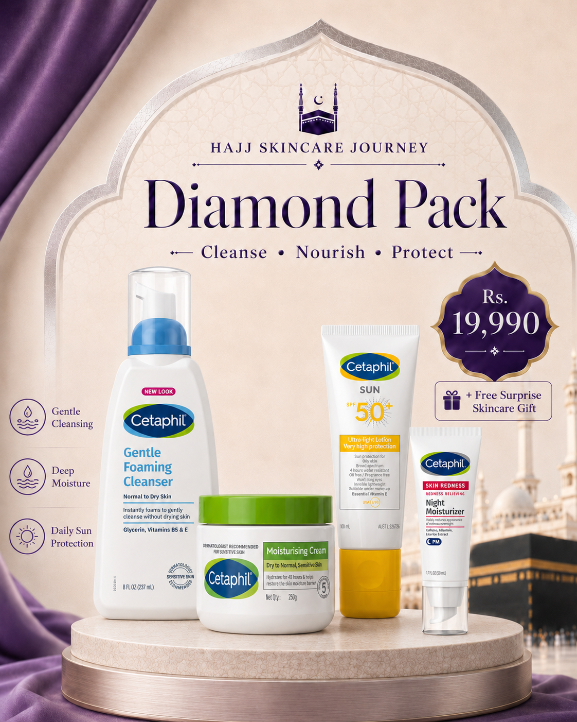 Hajj Diamond Cetaphil Skincare Pack with Cetaphil cleanser moisturising cream SPF 50 sunscreen and redness relieving night moisturizer
