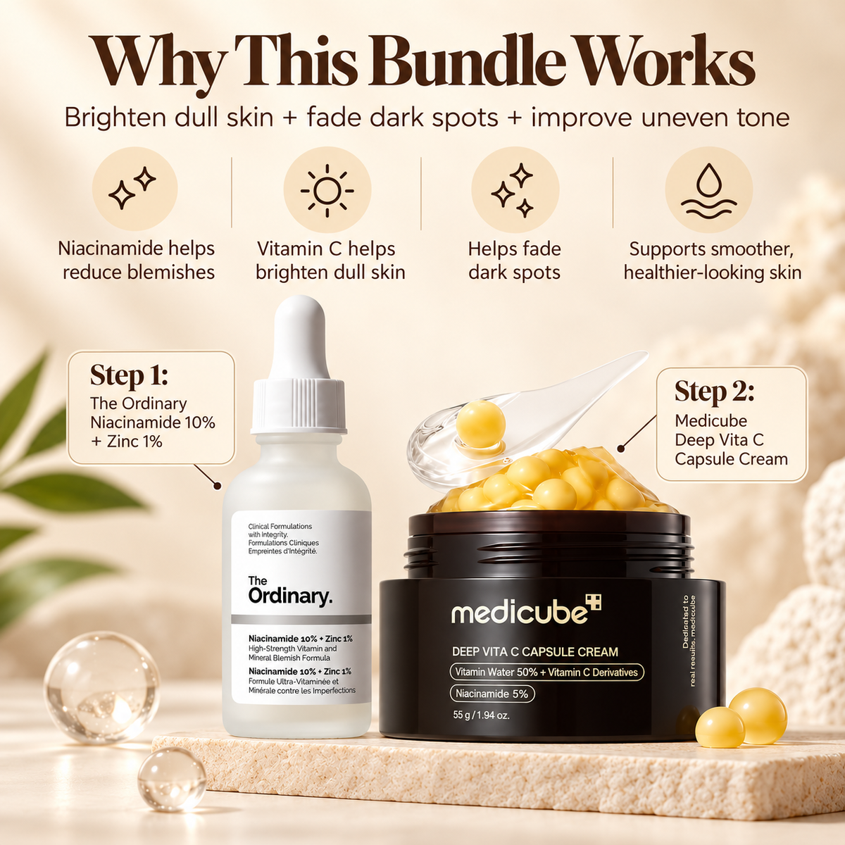 Benefits of The Ordinary Niacinamide and Medicube Deep Vita C Capsule Cream bundle for dull skin and dark spots