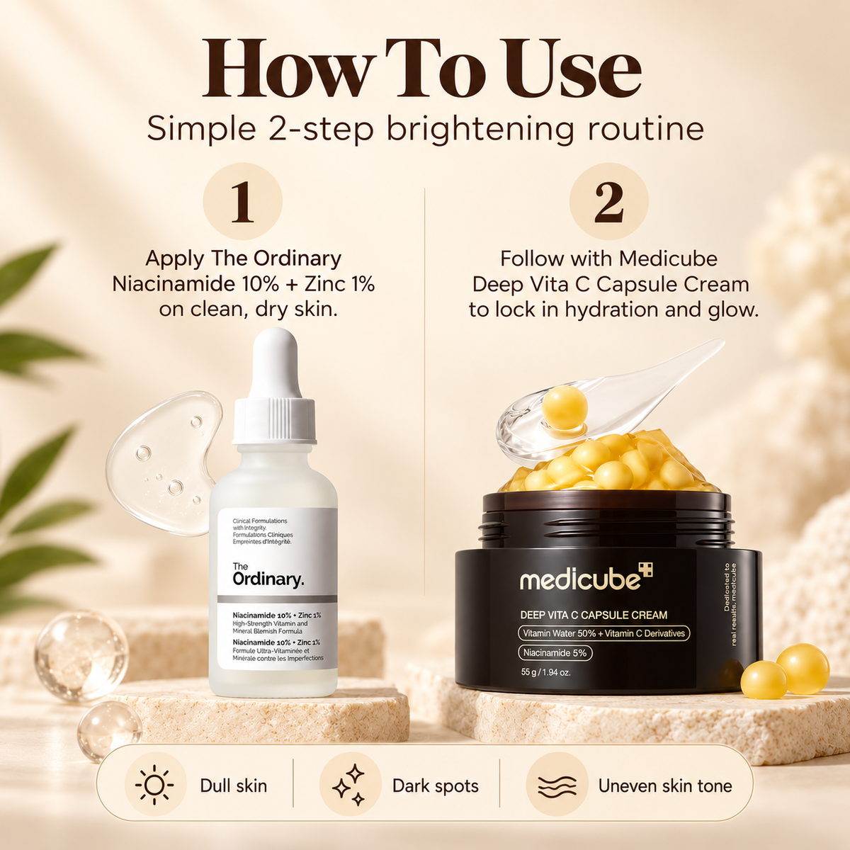 How to use The Ordinary Niacinamide and Medicube Deep Vita C Capsule Cream brightening routine